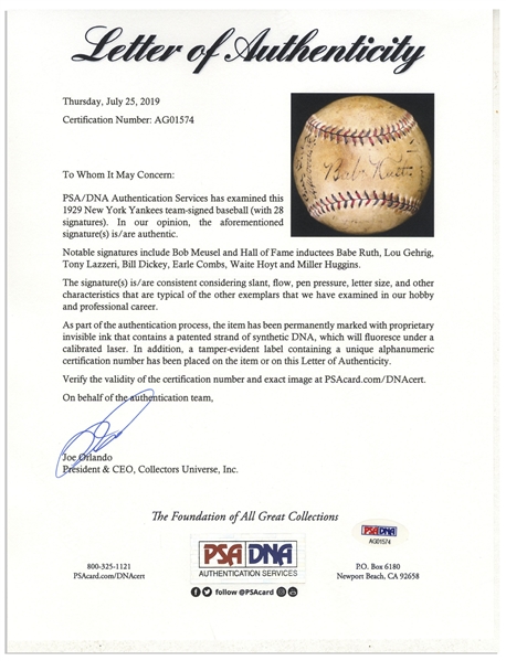 Yankees Team-Signed Ball From 1929, Featuring Babe Ruth's Signature on the Sweet Spot -- With PSA/DNA COA
